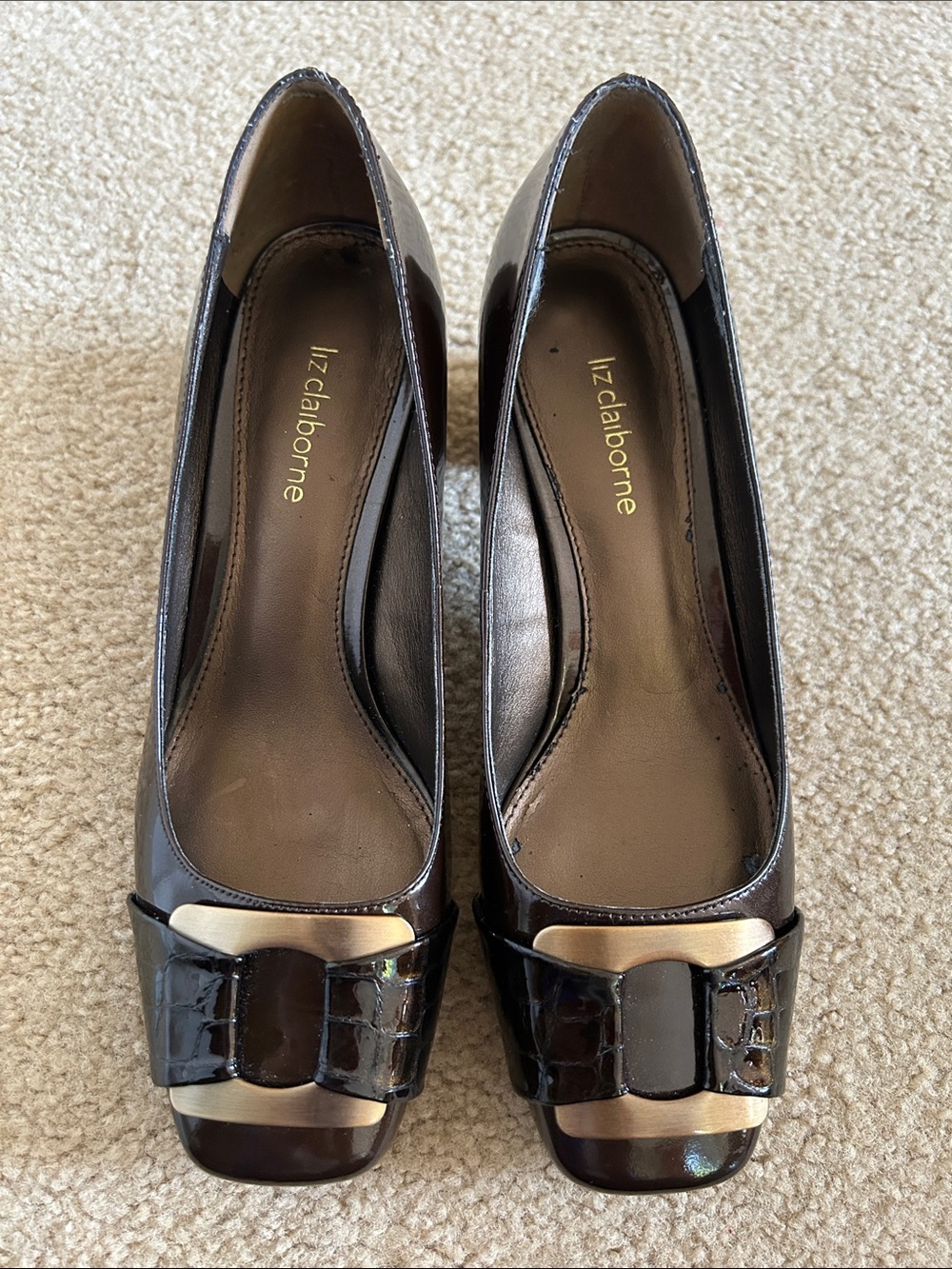 Liz Claiborne Brown  Patent Leather Square Toe Pumps sz 7.5